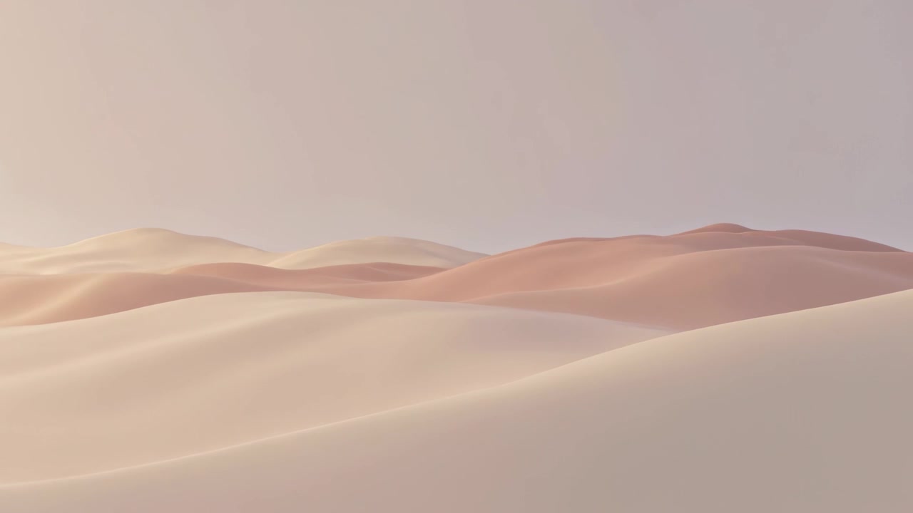 Telecamera che panoramica catturando dune di sabbia ondulate che cambiano creste all'alba nel deserto, orizzonte con cielo pallido
