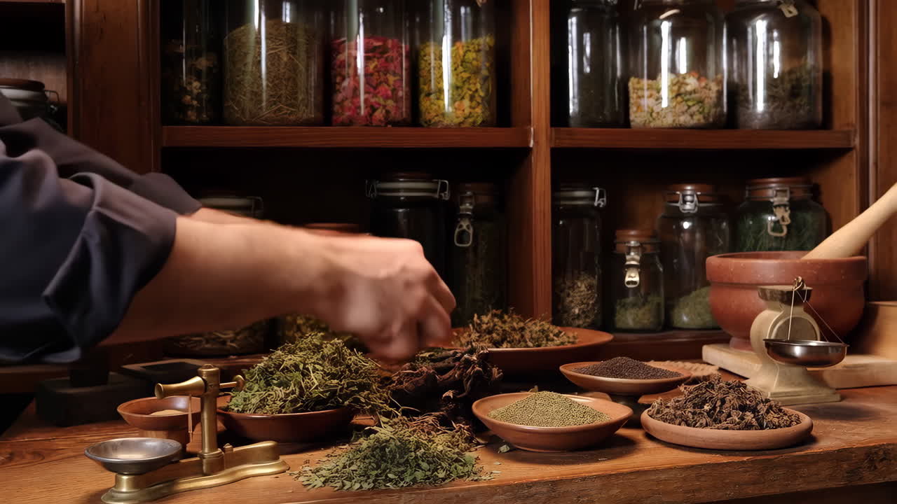 Herbalist preparing traditional remedies with dried herbs and spices