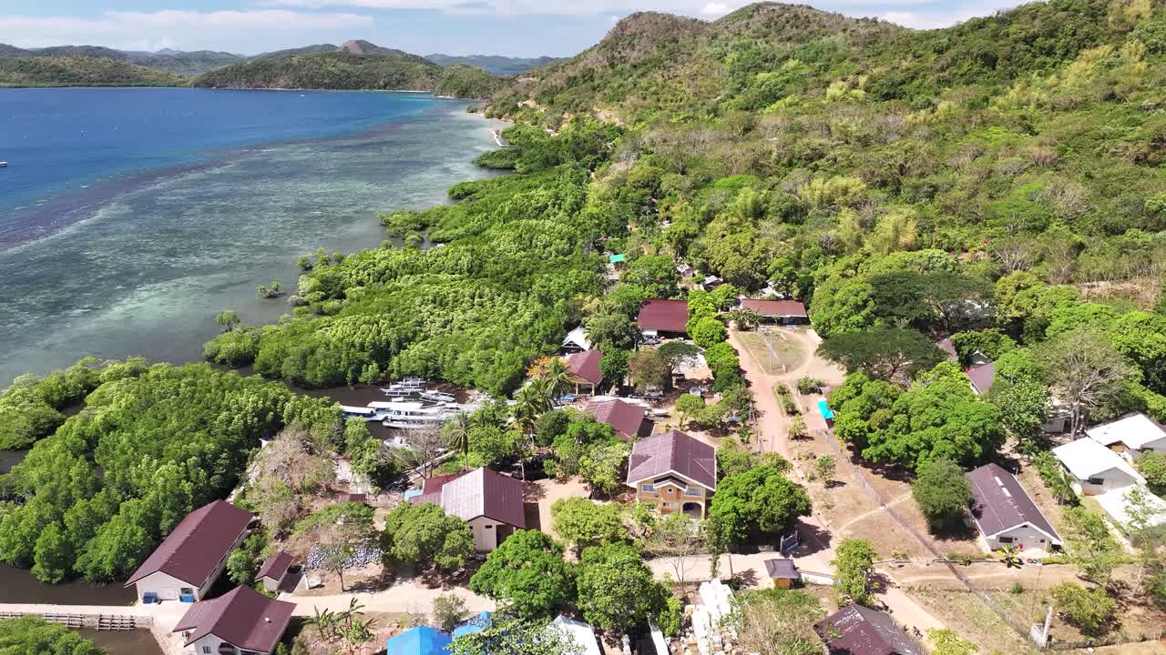 Above View Of Private Villas With Harbour In Busuanga Island, Palawan, Philippines. Aerial Drone Shot