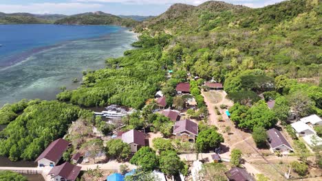 above view of private villas with harbour in busuanga island, palawan, philippines. aerial drone shot