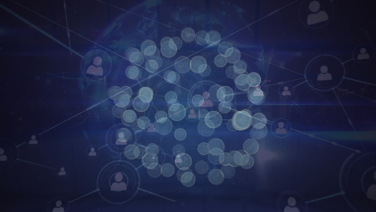 파란색 배경에 회전하는 지구 위의 프로필 및 디지털 아이콘 네트워크의 애니메이션