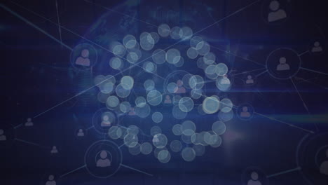 animation of network of profile and digital icons over spinning globe against blue background