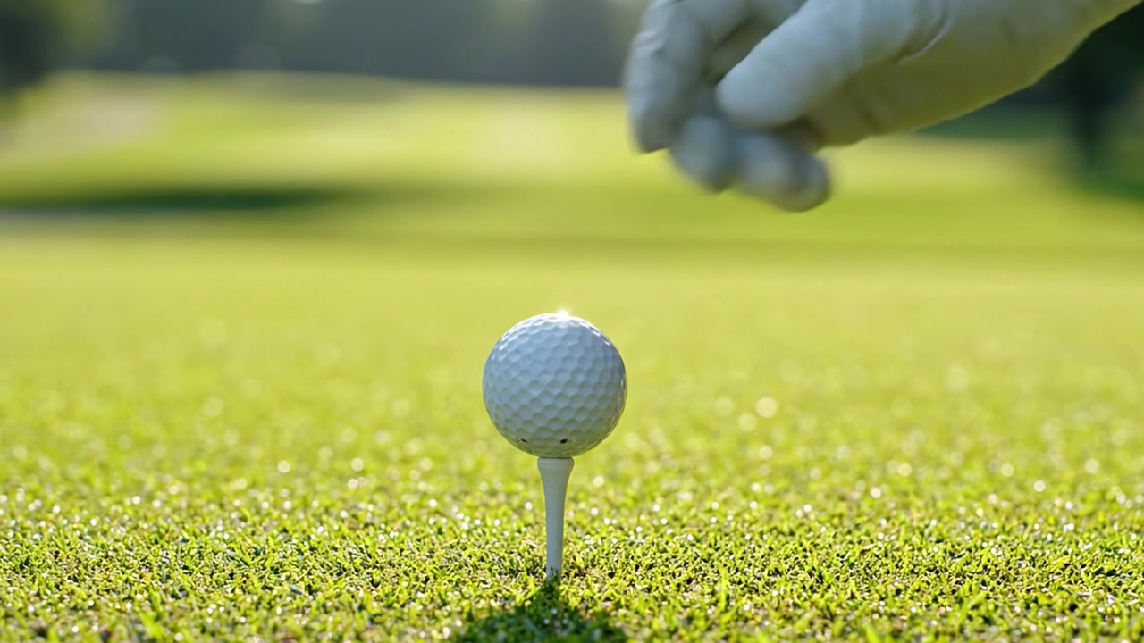 Un primo piano di un tee da golf e di una pallina su un fairway verde lussureggiante che illustra la tranquilla bellezza del golf in un paesaggio illuminato dal sole