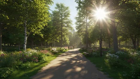 serene pathways in a lush park: a journey through refreshing nature surrounded by sunlight, greenery, and vibrant flowers inviting wanderers to explore every corner