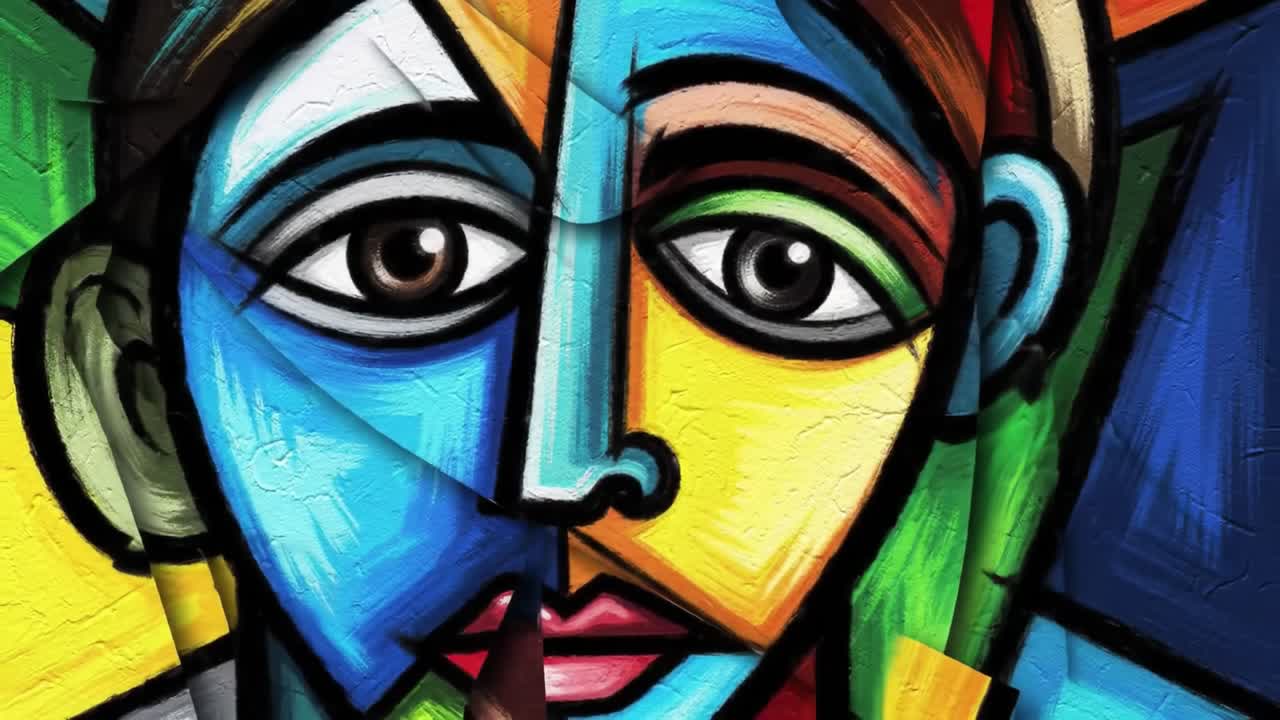 This striking piece showcases a colorful abstract portrait with vibrant hues and geometric shapes. Located in an urban art space, the mural captivates passersby with its bold design and depth.