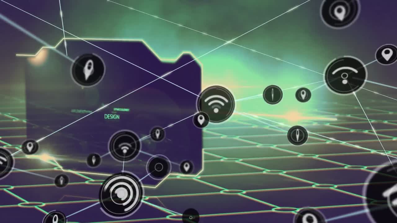 Animation of network connecting dots with programming language on grid interface with light