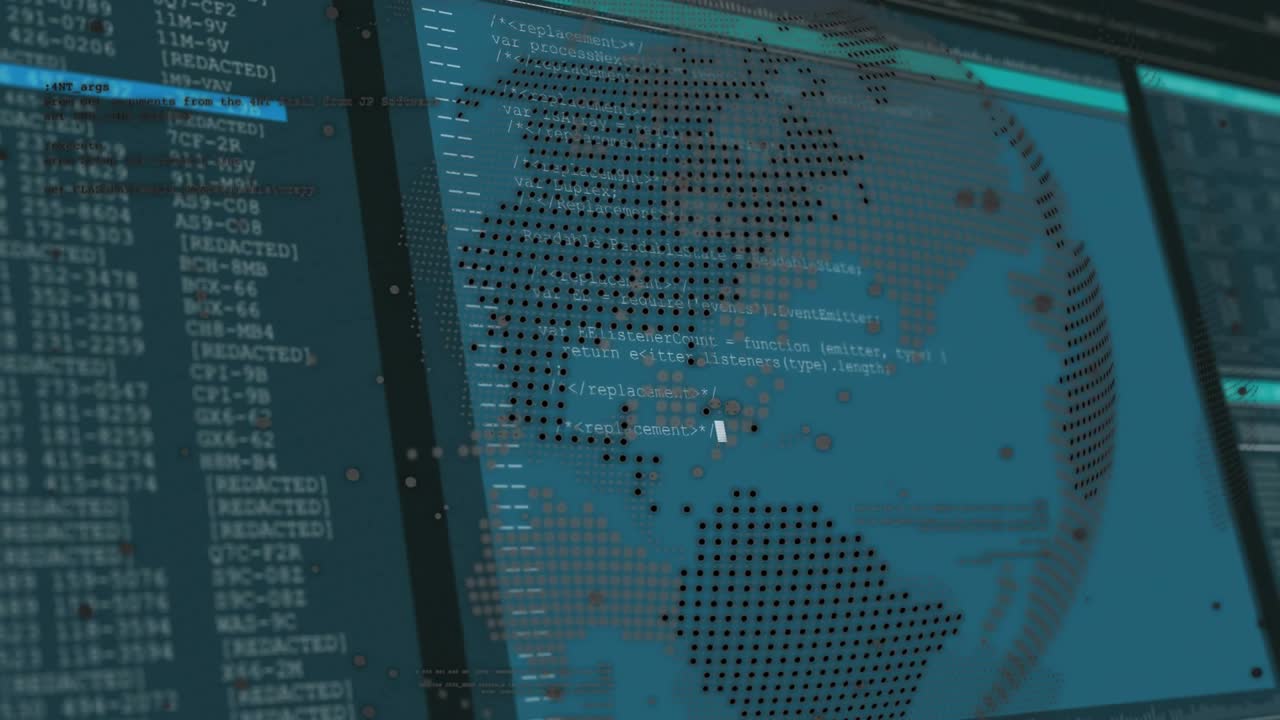 Rotating dot-matrix globe shifting onto monitors, marking flagged data, updating code for analysis