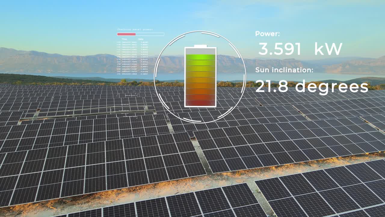 태양광 패널 필드와 함께 배터리를 충전, 전기 생산- cgi 애니메이션