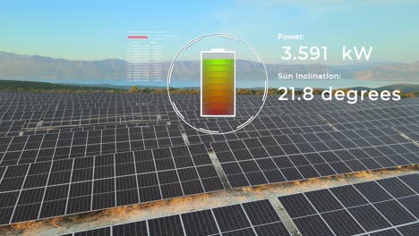 charging battery with solar panel field, electricity production- cgi animation