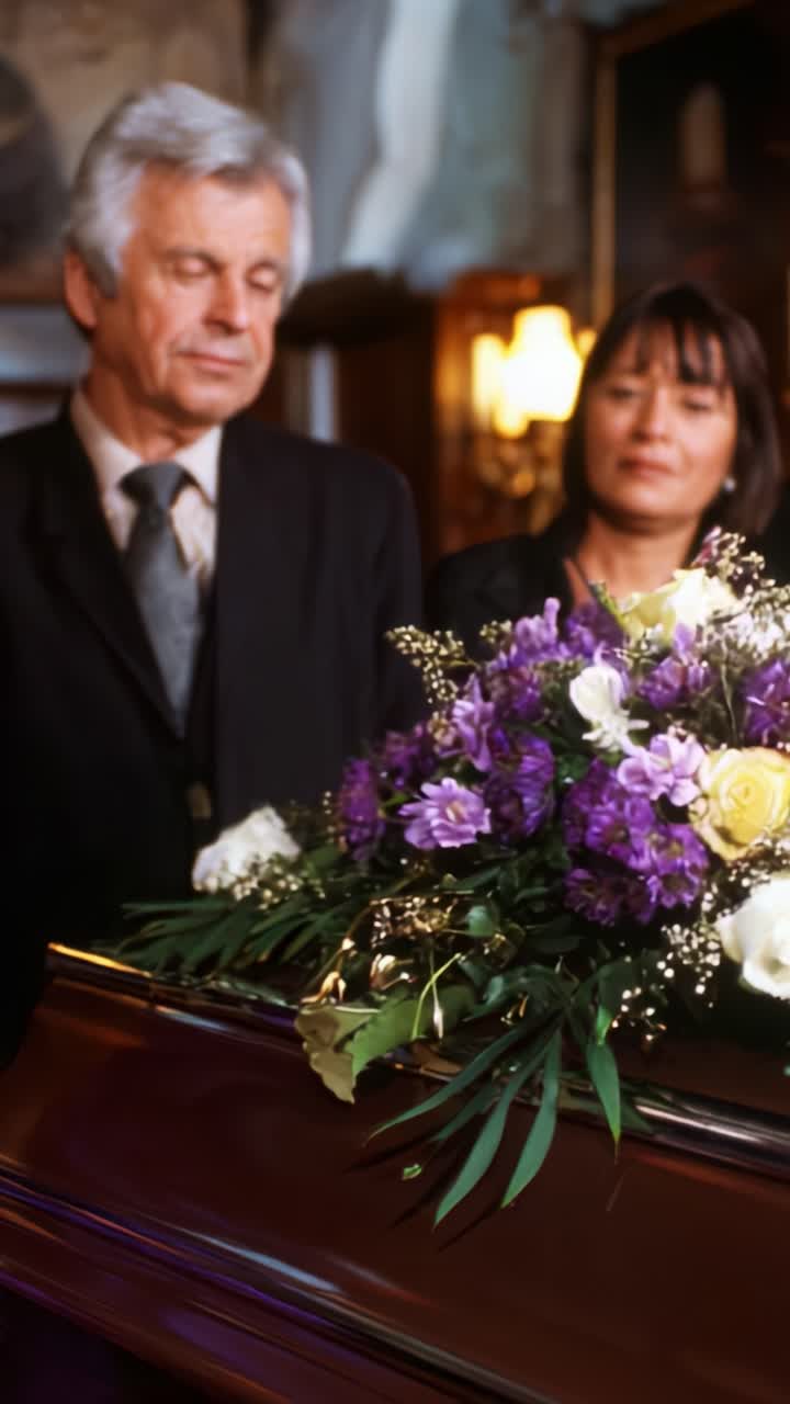 Una solenne cerimonia ritrae due persone in piedi accanto a una composizione floreale finemente disposta sopra una bara, che riflette momenti di dolore e ricordo