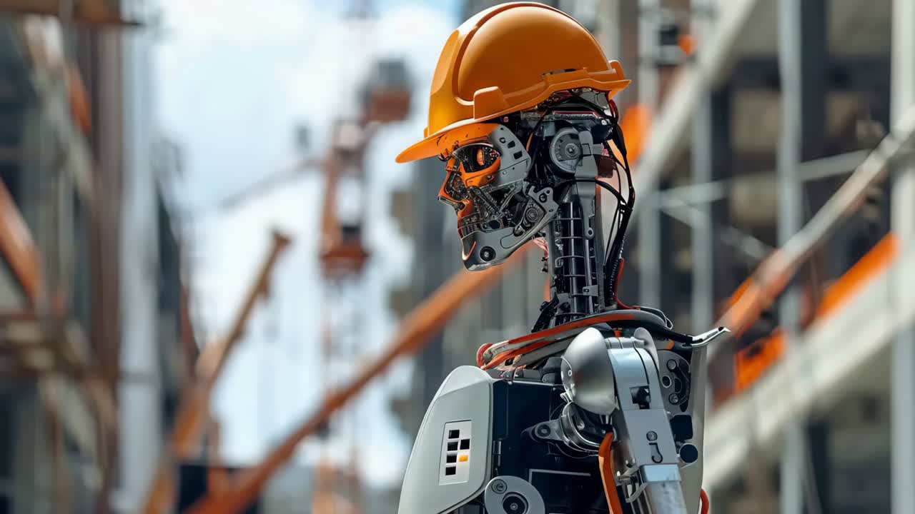 A robot wearing a yellow helmet stands in front of a building, it is working in a construction site