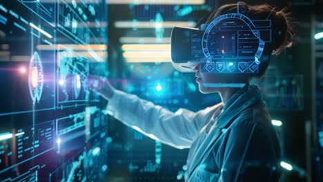 person interacting with a futuristic digital interface using a vr headset in a lab