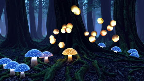 magical forest with glowing mushrooms and orbs