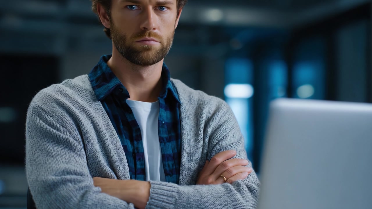 A thoughtful man in a cozy sweater sits at a desk, arms crossed, gazing at a laptop screen, conveying a sense of contemplation and focus in a modern workspace.