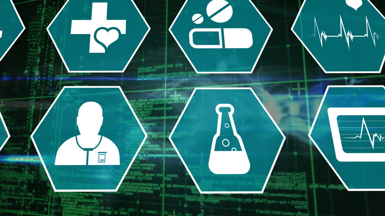 animación de múltiples iconos médicos y onda digital brillante azul contra el procesamiento de datos