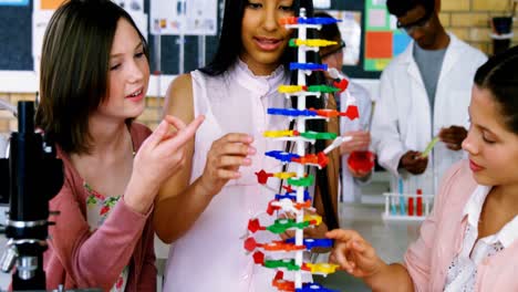 School-students-experimenting-molecule-model-in-laboratory