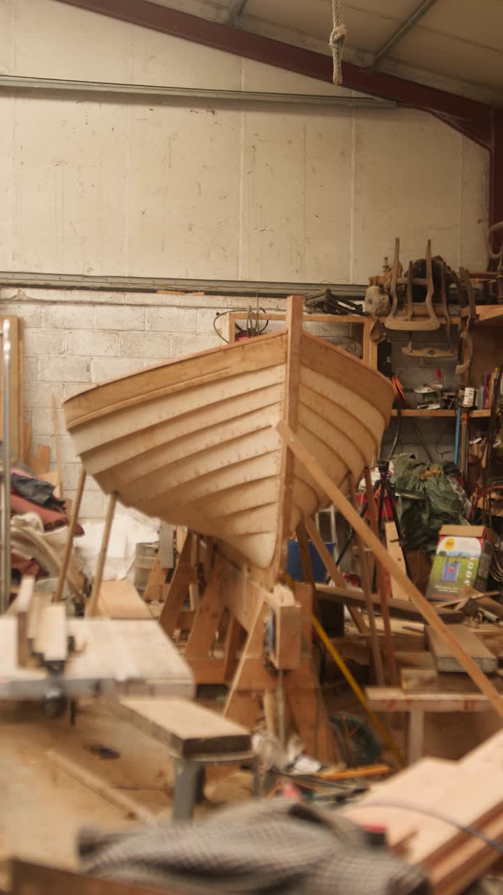 Wooden Boat Under Construction in Workshop, Hull and Planks