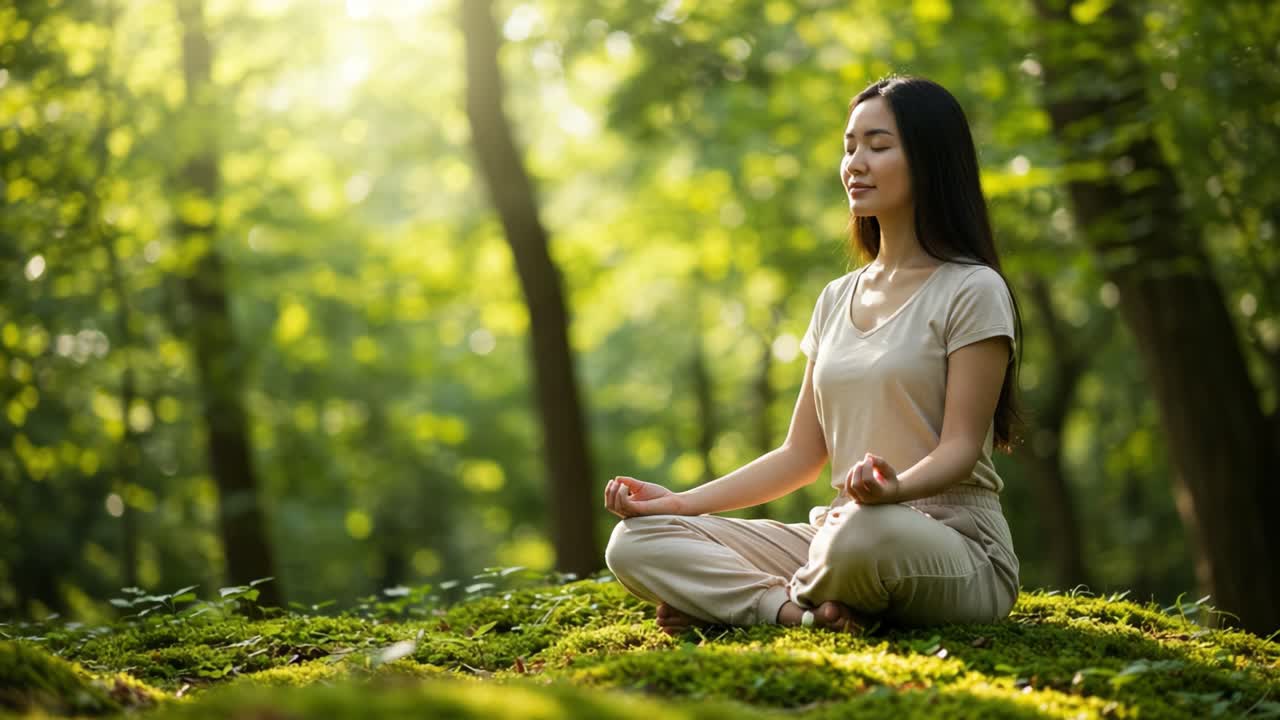 Tranquil Meditation Session in a Lush Green Forest: A Young Woman Engages in Mindfulness and Inner Peace Amidst Nature's Beauty and Serenity