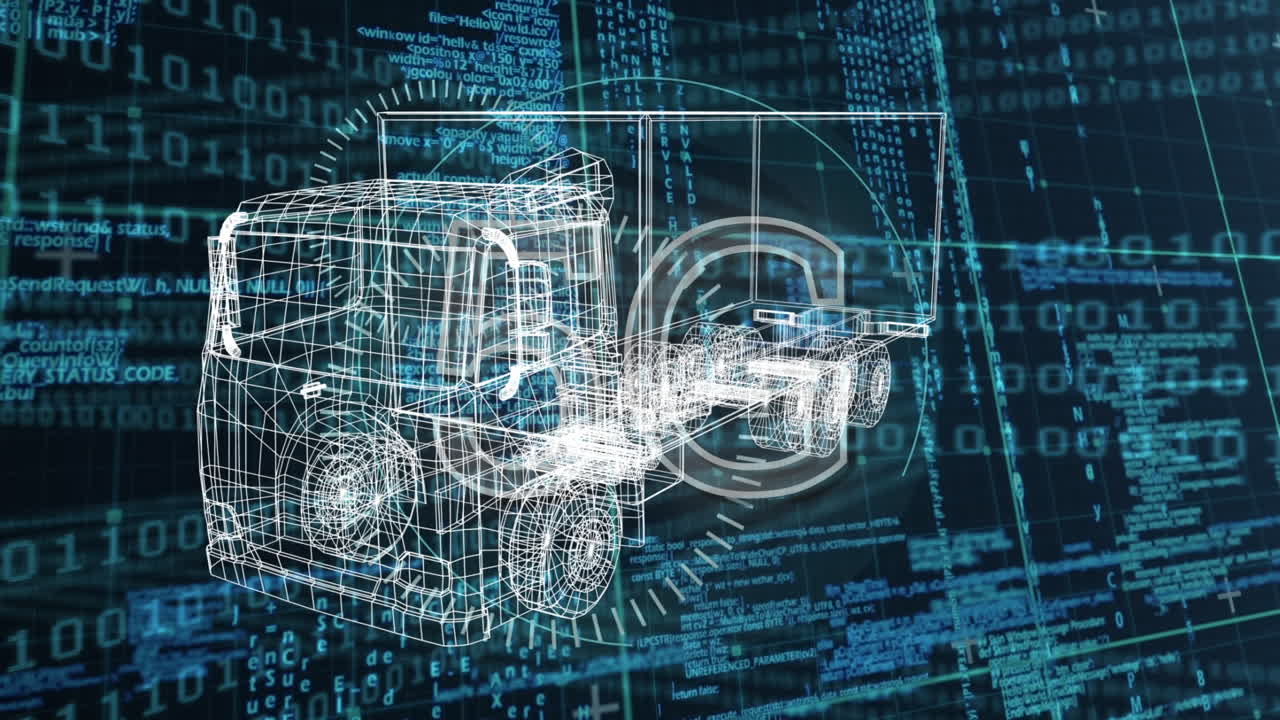 Animazione di un progetto automobilistico e 5G che ruota sopra l'elaborazione dati in uno spazio blu e nero