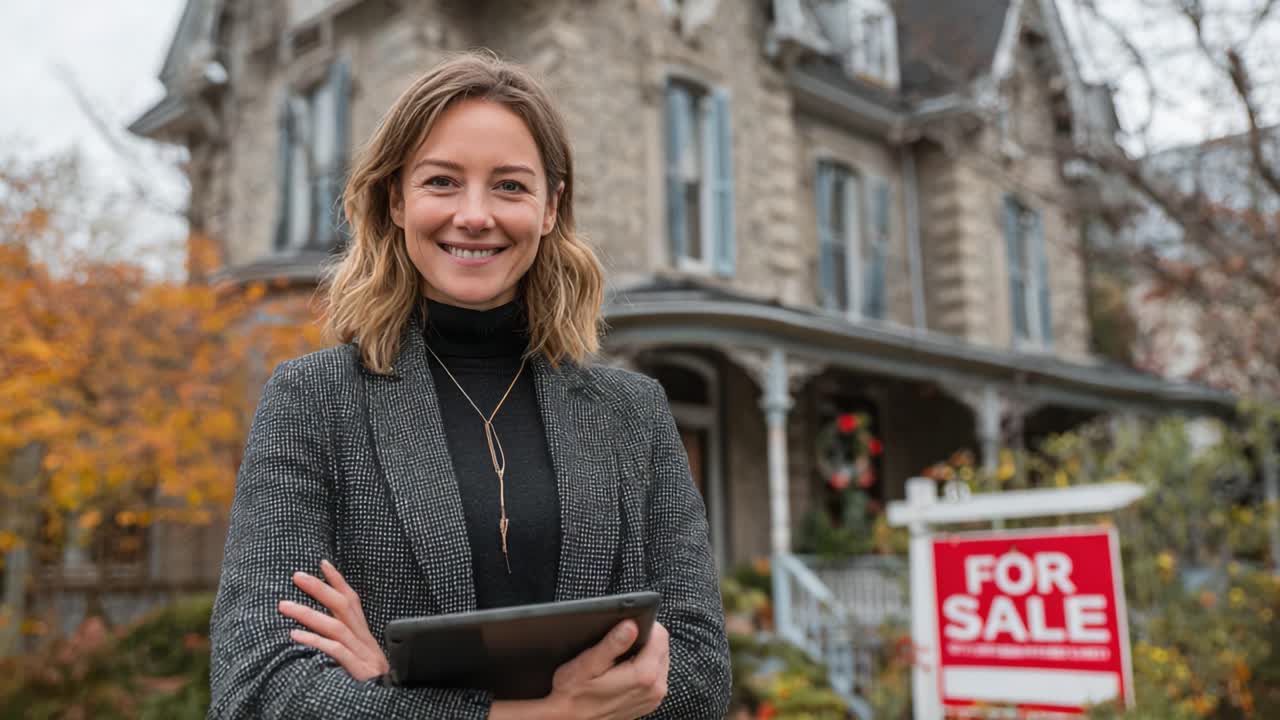 Confident Real Estate Agent Standing in Front of a Beautiful Historic Home, Showcasing a Sale Opportunity with a Warm Smile and Professional Attire