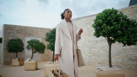 una mujer afroamericana llevando bolsas de compras, una mujer magnífica y exitosa, una mujer moderna.