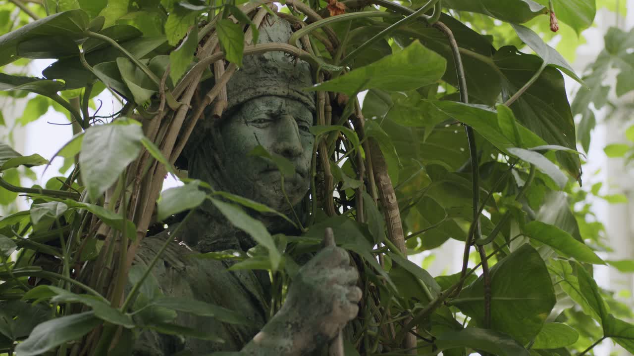Ancient statue covered in vines, hidden in lush forest setting, peaceful and still