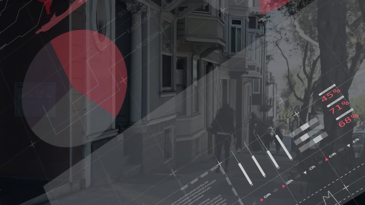 Mid-adult woman carrying backpack walking, camera tracking, finance pie charts and map overlaying