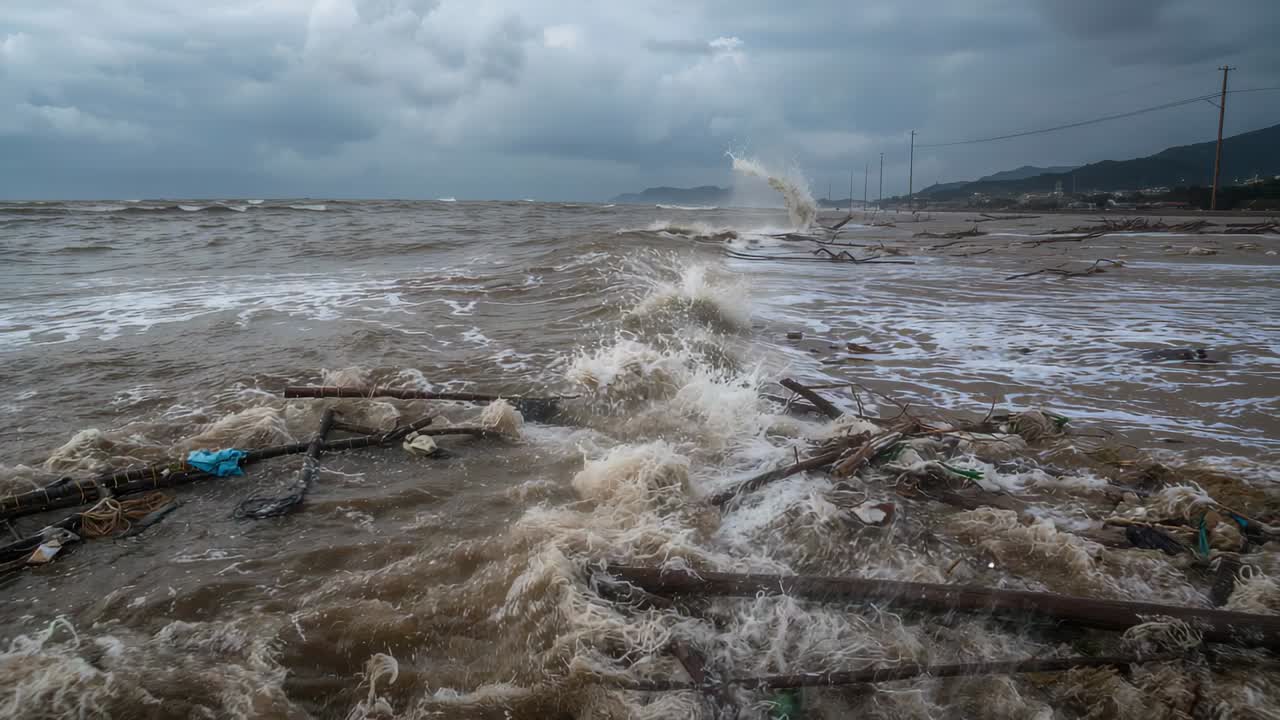 Surging and receding waves pushing driftwood on shoreline under overcast sky, storm-driven motion