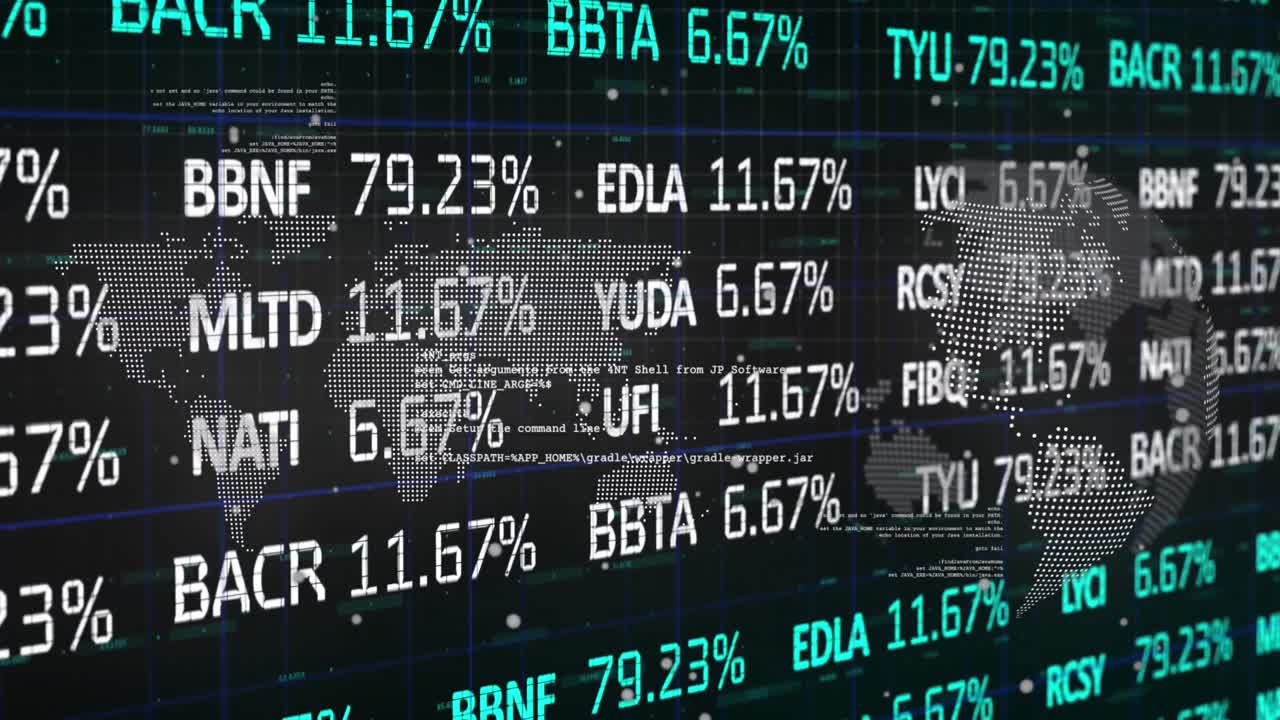 Animation of stock market data processing over world map and spinning globe on black background