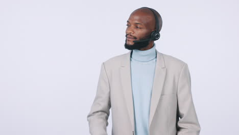 Black-man,-call-center-and-pointing-with-OK-sign