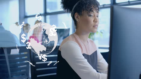 animation of currency icons and globe over biracial woman using computer