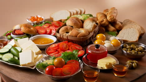 a still life of bread, cheese, tomatoes, and other foods