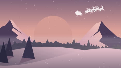 animation of snow falling over santa claus in sleigh with reindeer and winter landscape
