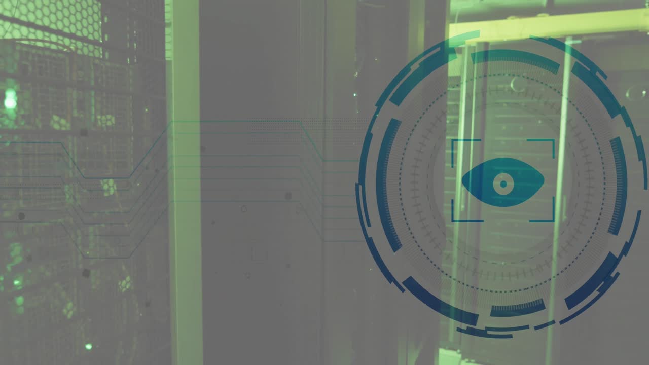 Animation of eye in viewfinder with loading circles over illuminated server racks in server room