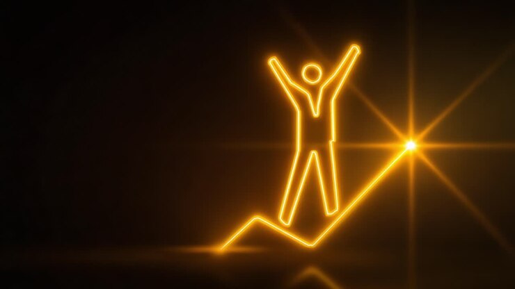 Uma figura brilhante celebra o triunfo e o crescimento, em pé e confiante sobre uma linha ascendente com os braços levantados em sinal de vitória, simbolizando o sucesso e a conquista em uma estética neon vibrante