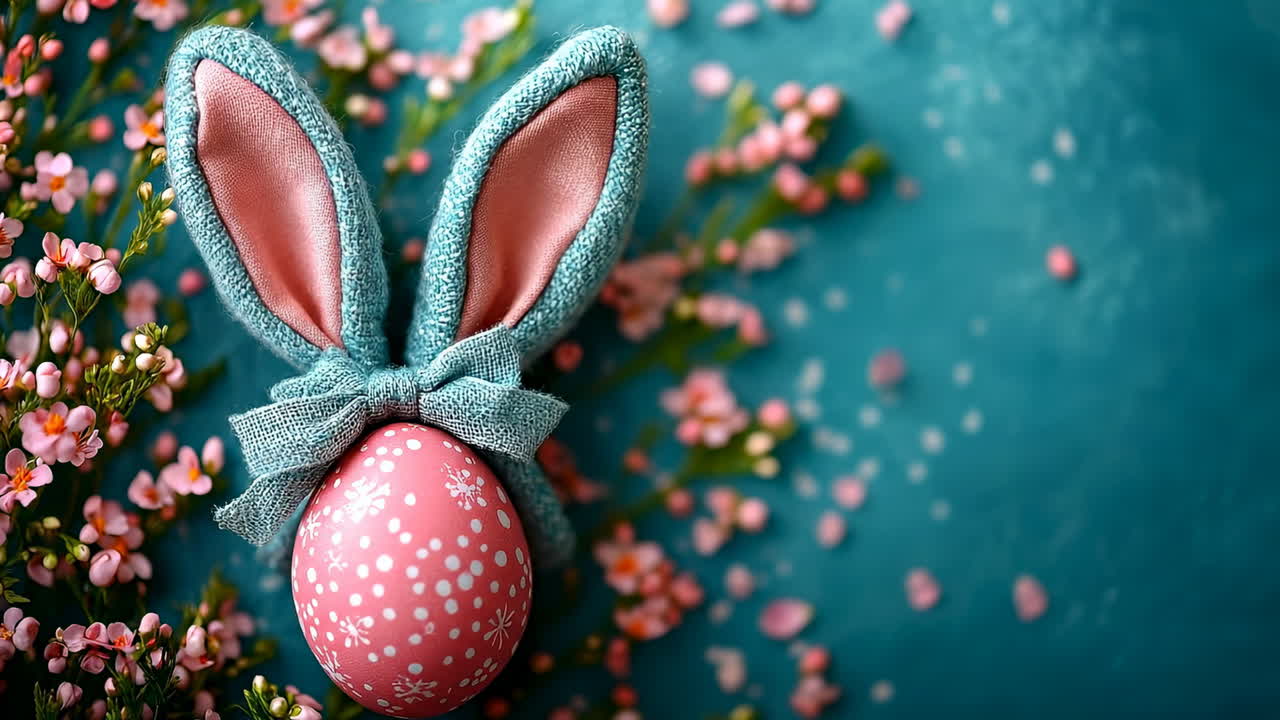 Colorful bunny-eared egg. A pink speckled Easter egg with bunny ears and small pink flowers on a blue background