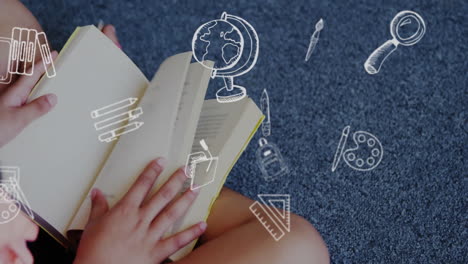 reading book, child surrounded by educational tools animation over blue carpet