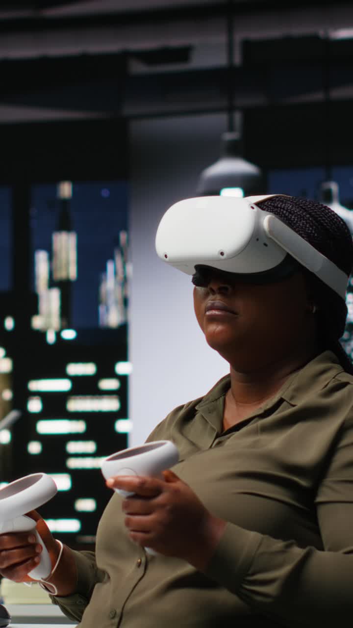 Vertical Video Black woman using VR glasses and neural networks to edit photos