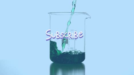 animación de la suscripción sobre el reactivo que se vierte en el vidrio de laboratorio sobre fondo azul