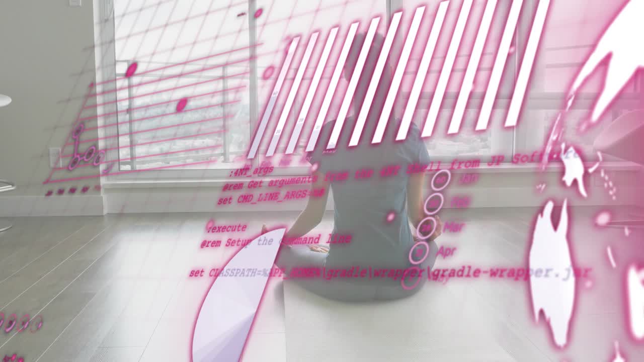 Woman meditating by window while code fragments and graphs drifting in, visualizing technology data