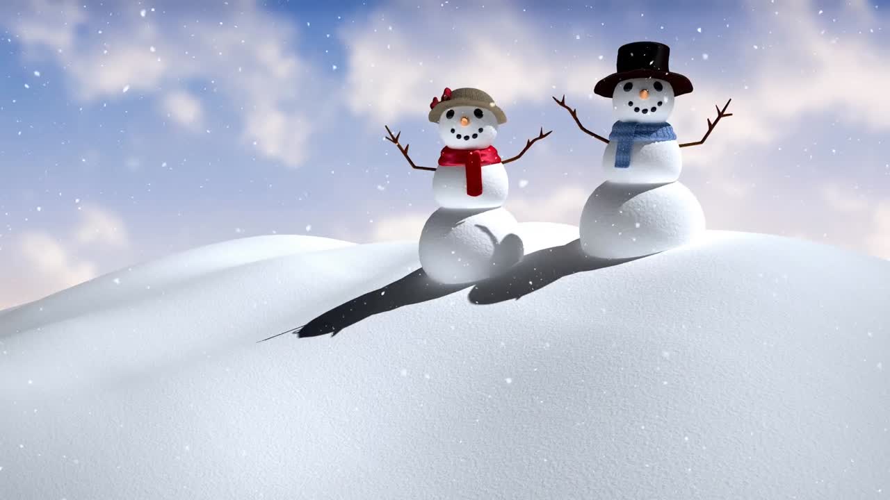 겨울 풍경 에서 미소 짓는 스노우맨 위 에 내리는 눈 의 애니메이션