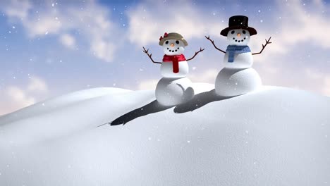 animation of snow falling over smiling snowmen in winter scenery