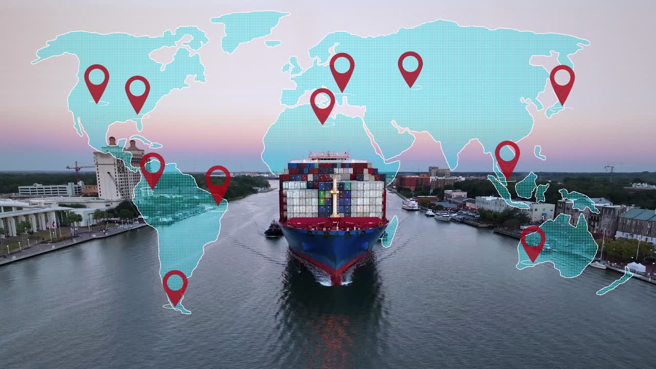 A cargo ship sails on the Savannah River with an animated world map overlay and location pins highlighting global shipping connections and routes