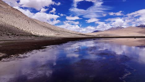 deep blue brackish high altitude lake dynamic drone low fly along coast line with rocks in foreground, mirror flat reflection of snow caped himalayan mountains
