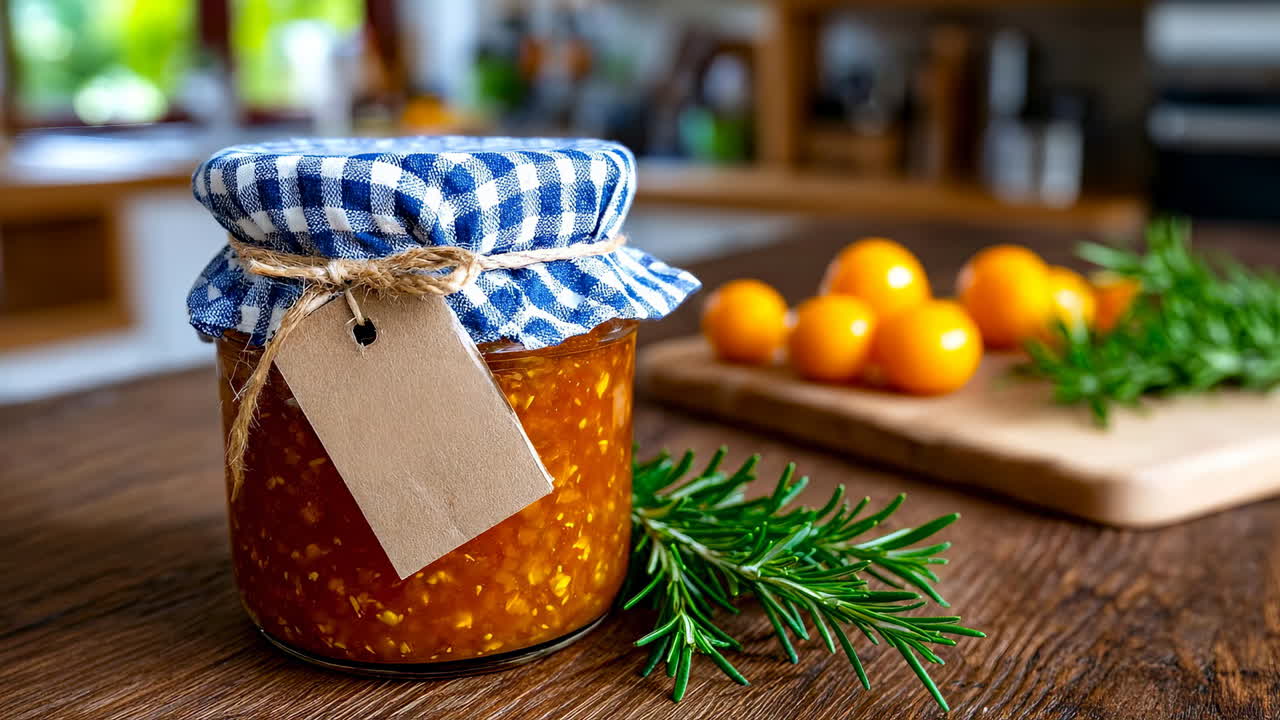Making homemade jam with fresh fruit. A person is preparing to open a jar of homemade jam in a kitchen. Fresh fruit and herbs are on the table nearby