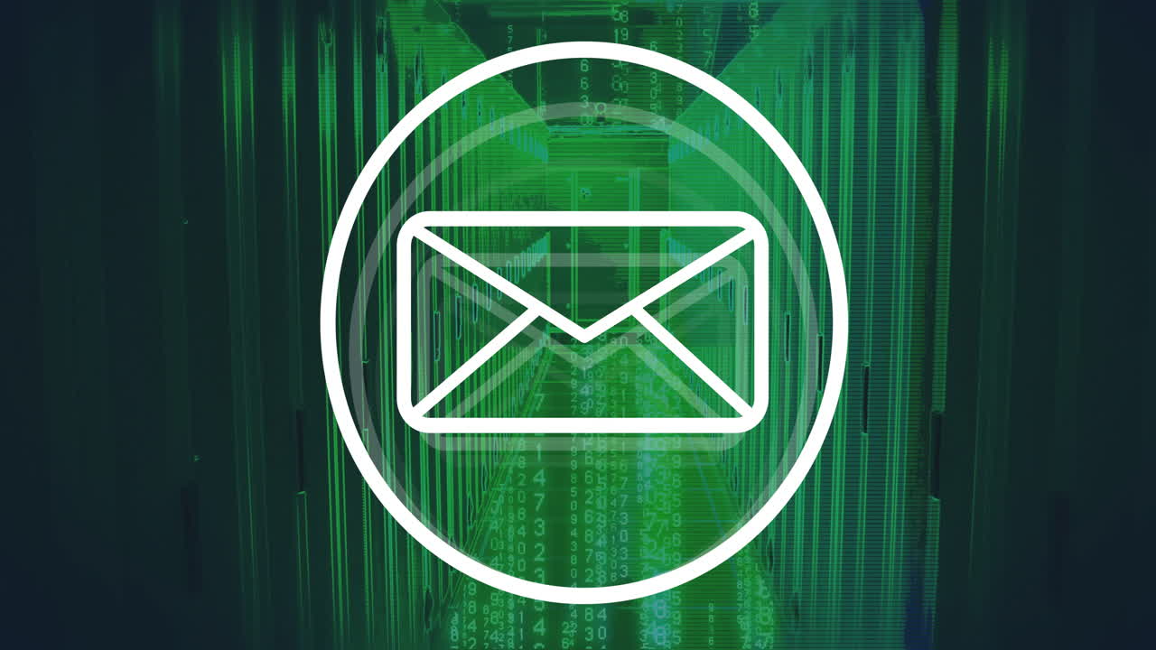 Email icon in animation over digital data stream in green technology setting