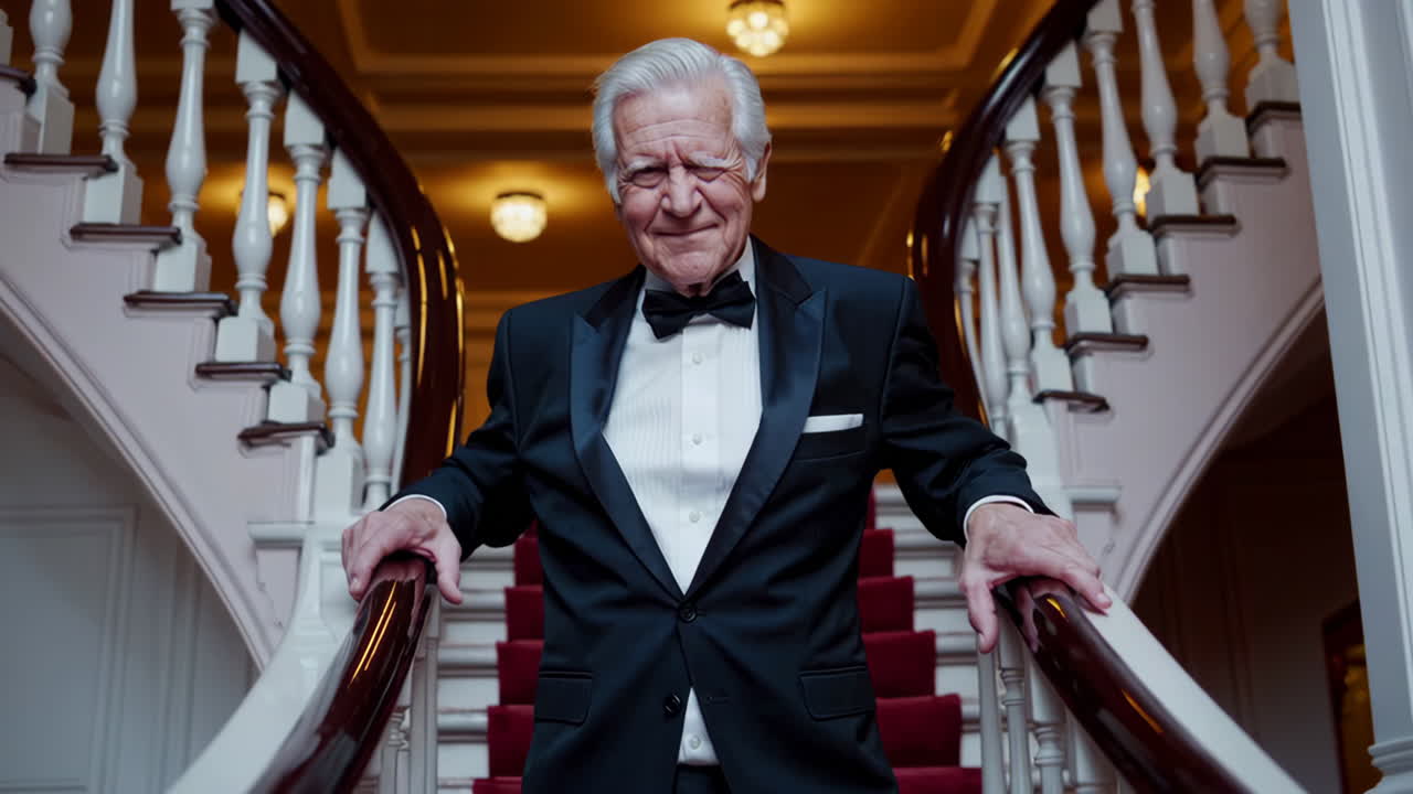 Elegant Senior Man in Formal Wear on Grand Staircase