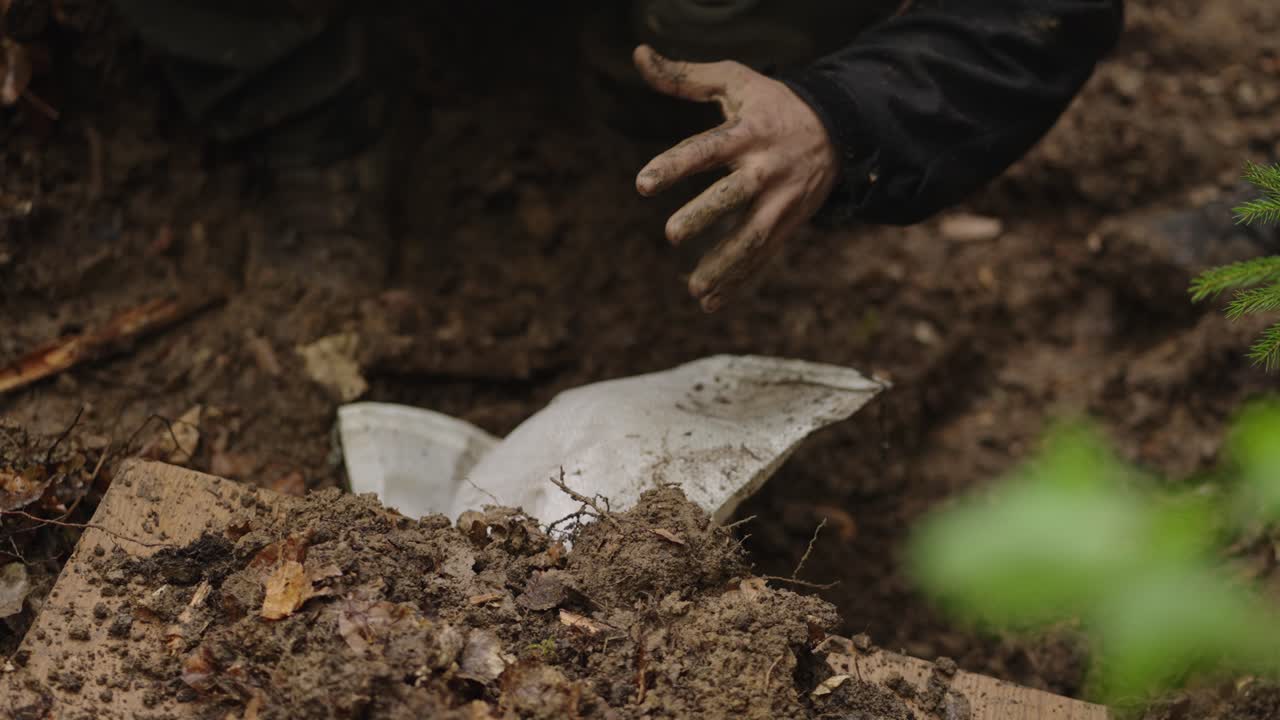 Close-up of a hand digging into a muddy hole to reveal a piece of white, buried material or object in the rough ground