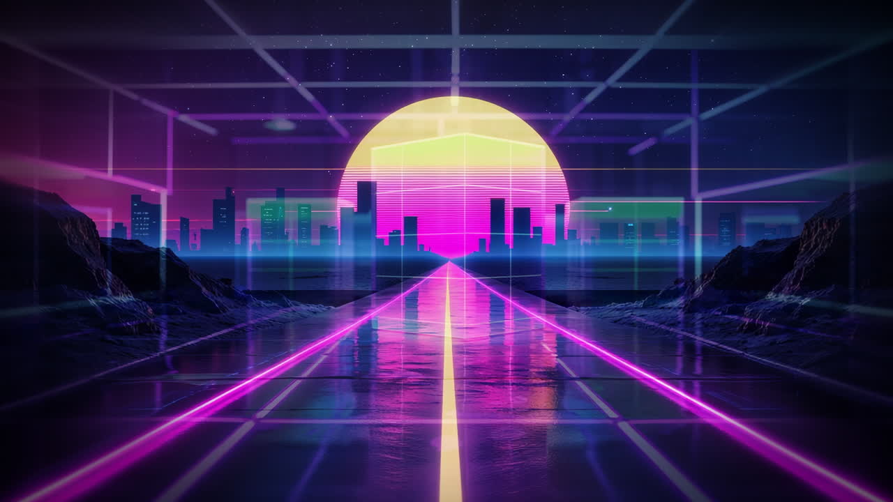 Retro Synthwave City Landscape with Neon Road