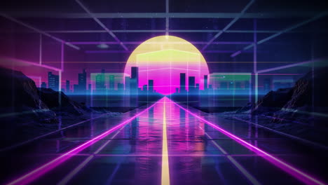 retro synthwave city landscape with neon road